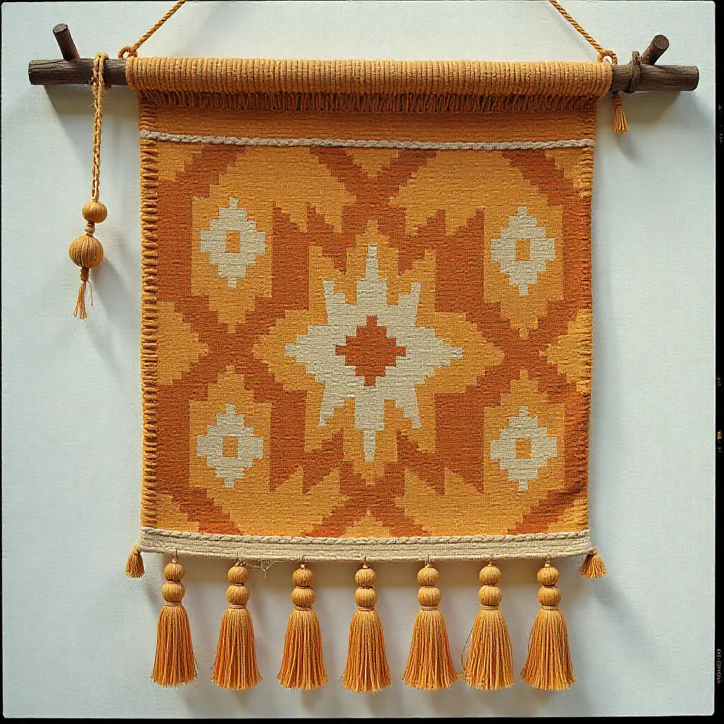 Geometric pattern tapestry with blue and purple threads