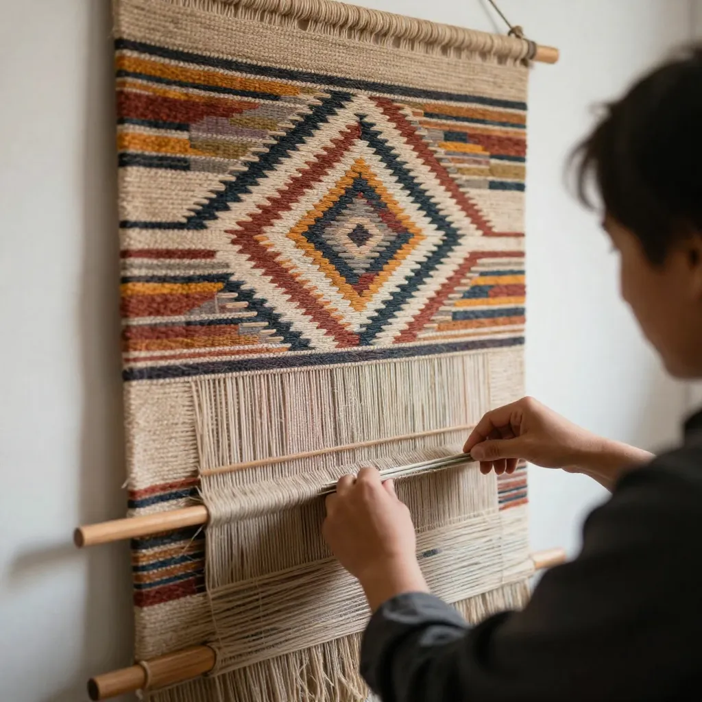 Hand-woven textile artwork display